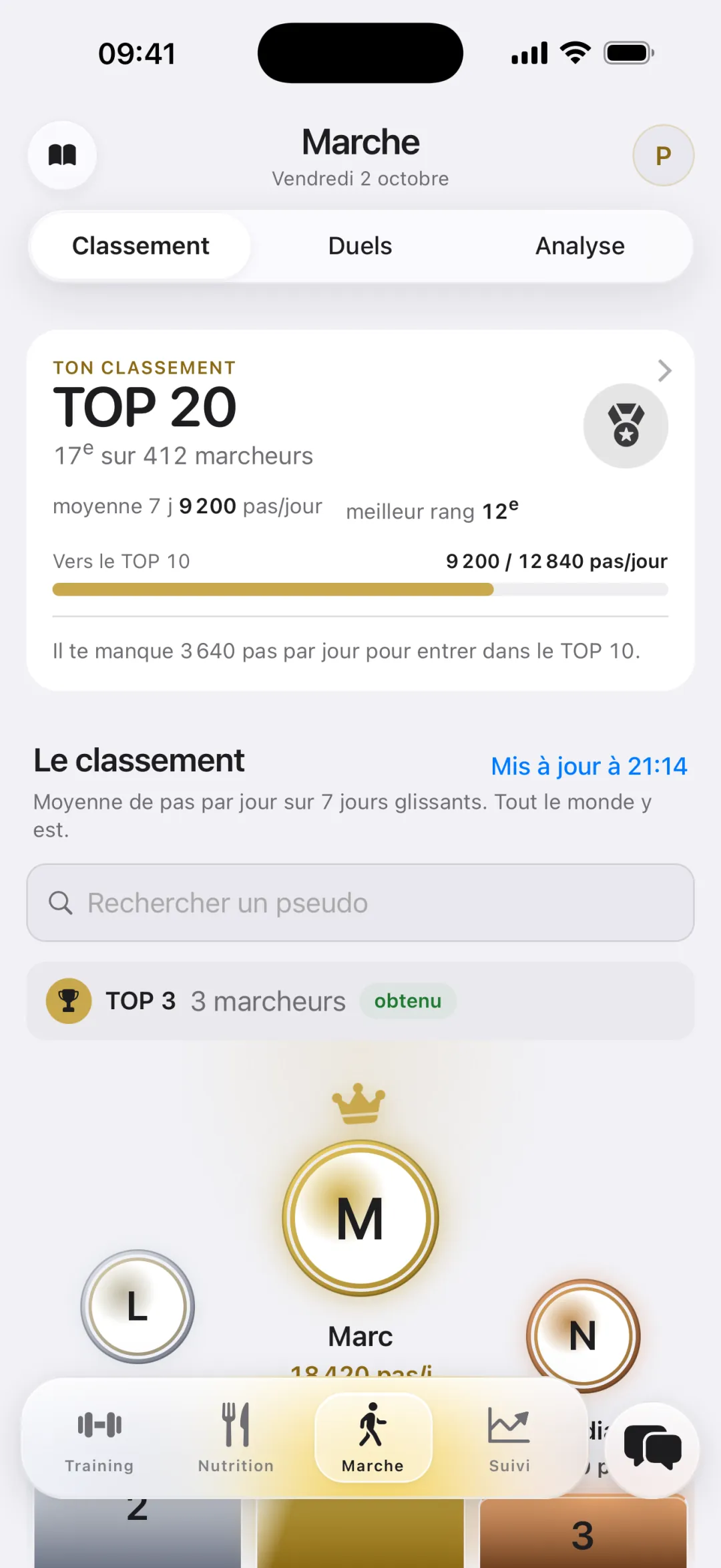 Marche, volet Classement : ton palier TOP 20, ton rang et ce qu'il manque pour le TOP 10.