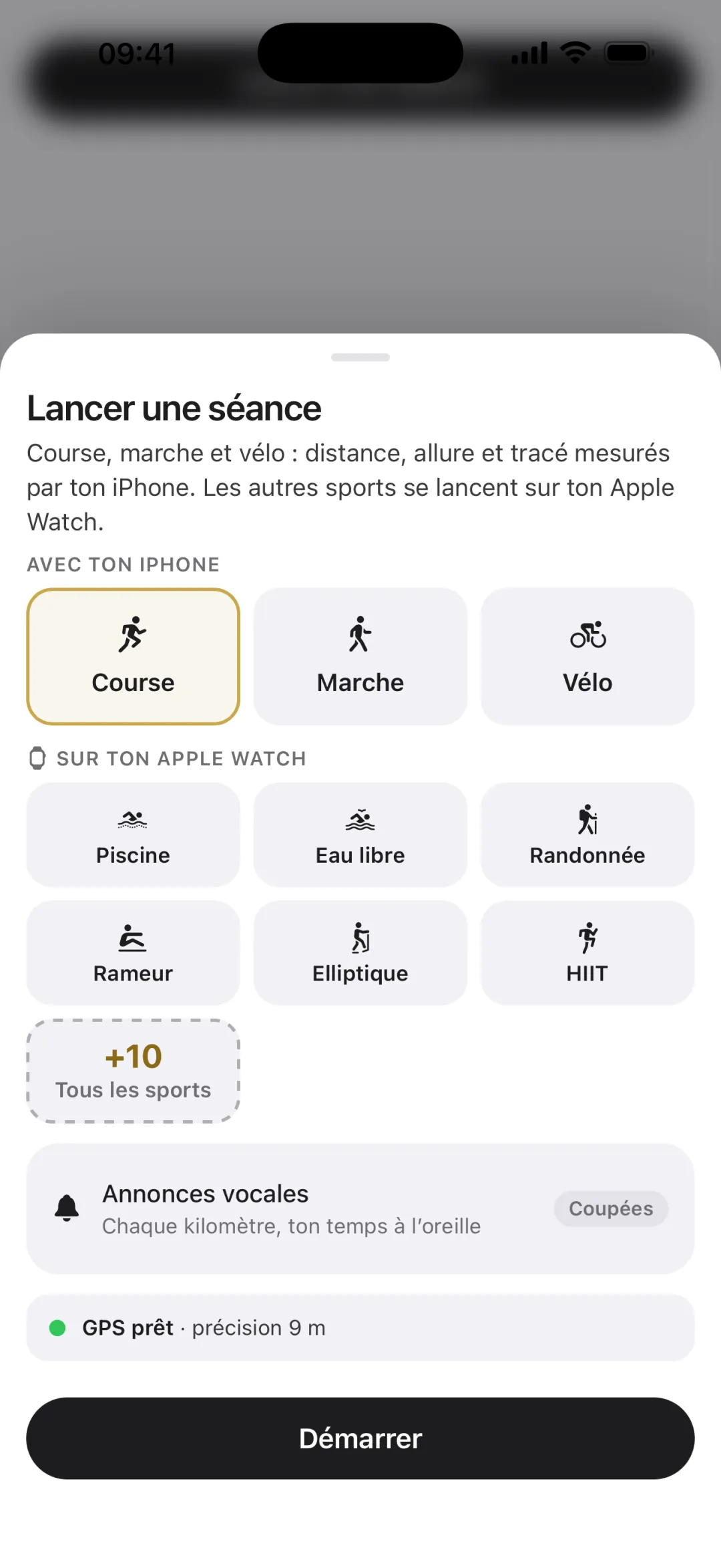 Feuille Lancer une séance : course, marche et vélo avec l'iPhone ; piscine, eau libre, randonnée, rameur, elliptique, HIIT et dix autres sur l'Apple Watch.