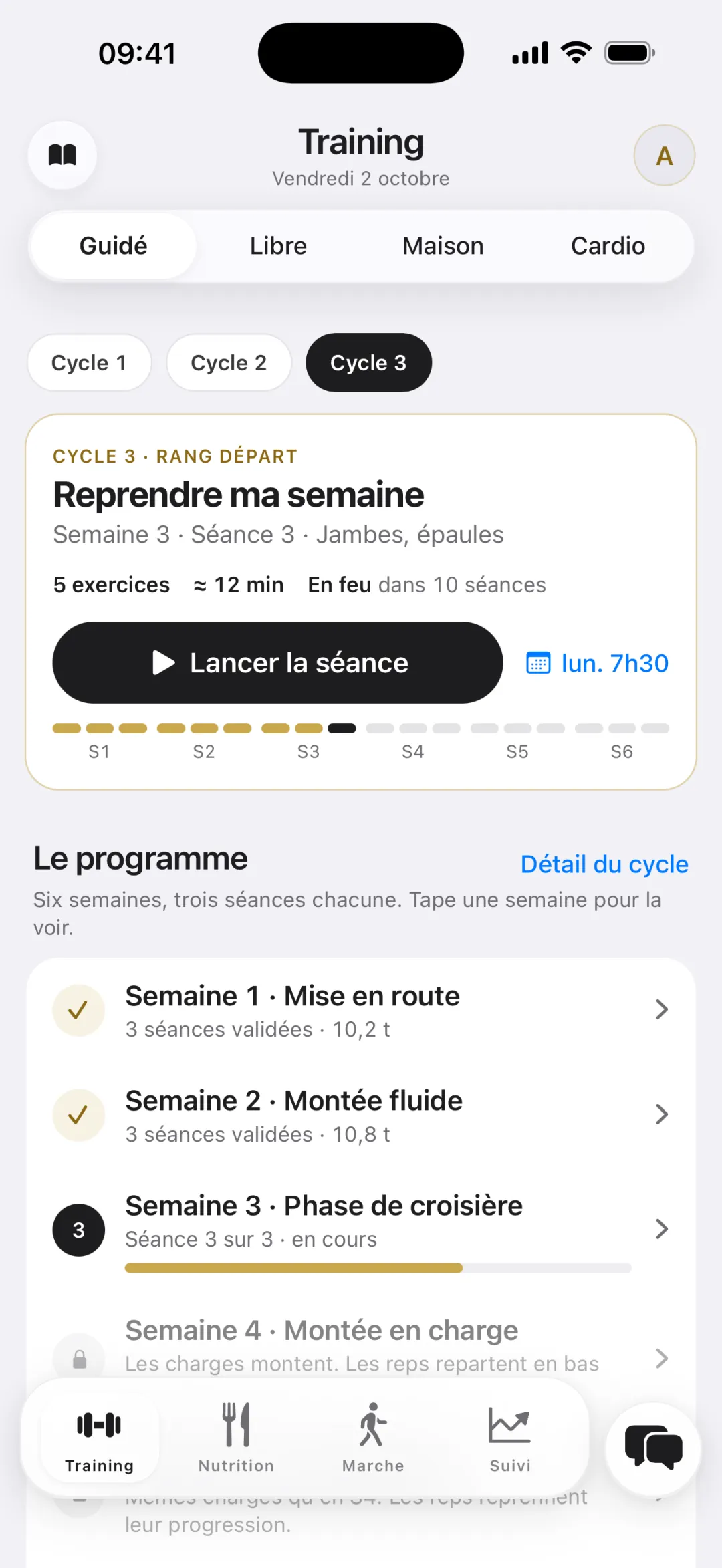 Training, mode Guidé : reprendre la semaine 3, séance Jambes et épaules, et le programme sur six semaines.
