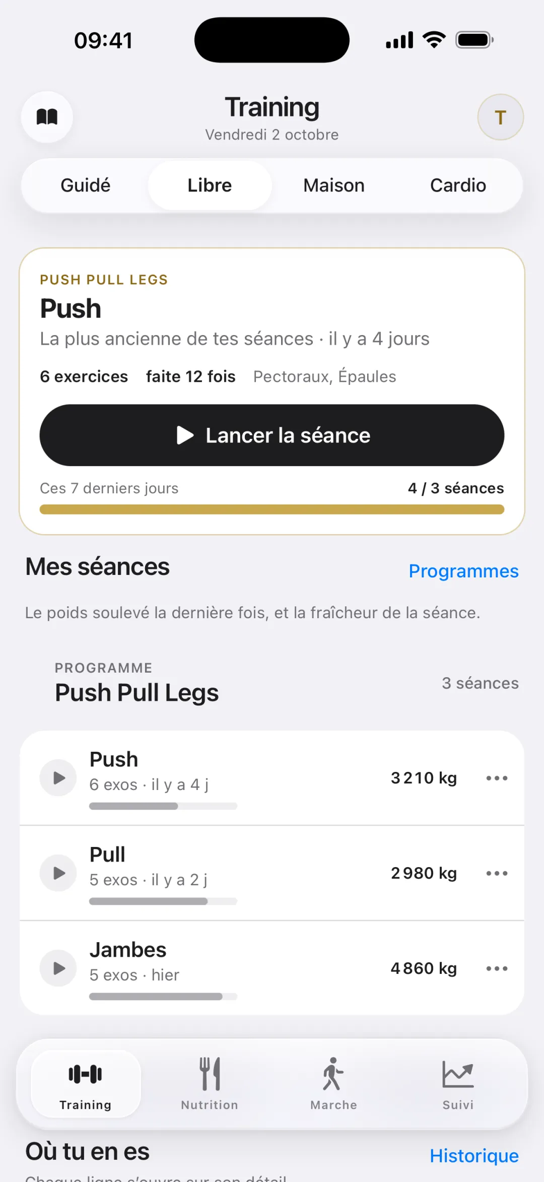 Training › Libre : séance Push du programme Push Pull Legs, 6 exercices, bouton Lancer la séance, liste Mes séances avec le poids soulevé.
