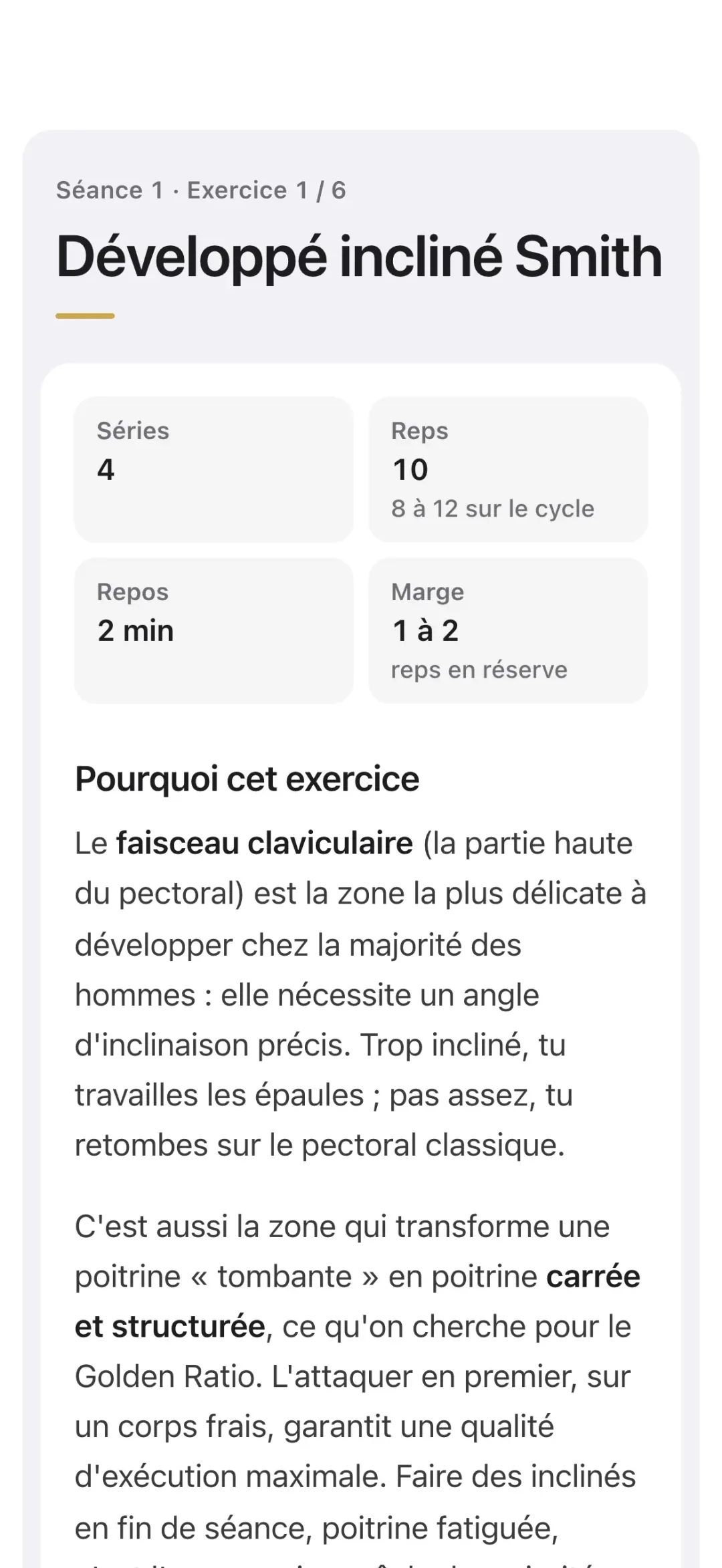 Leçon de la séance 1 de Reboot Training sur téléphone, exercice 1 sur 6, le développé incliné à la Smith : séries, répétitions, repos et marge, puis Pourquoi cet exercice.